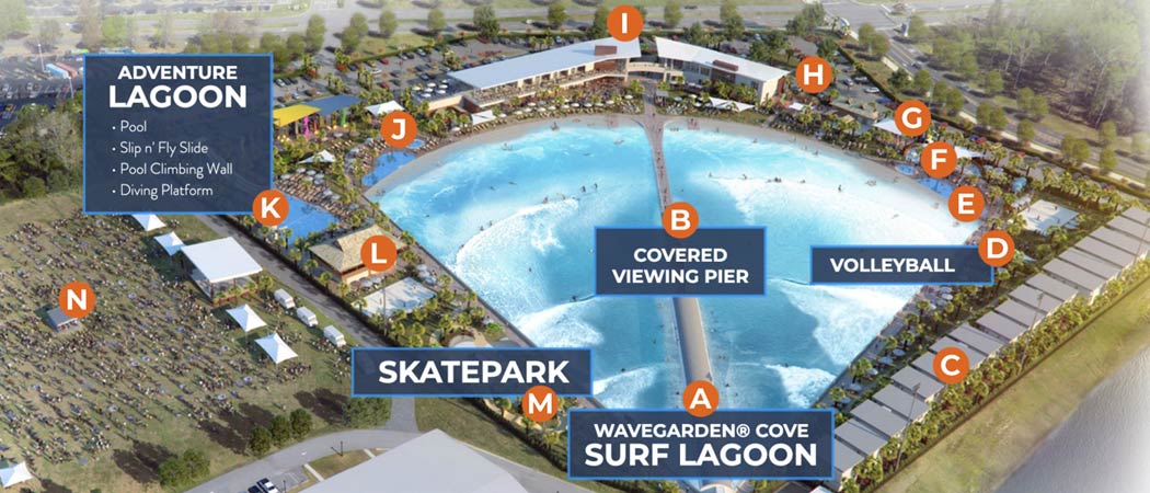 Aerial view of plans for SurfWorks Surf Park in Myrtle Beach, SC